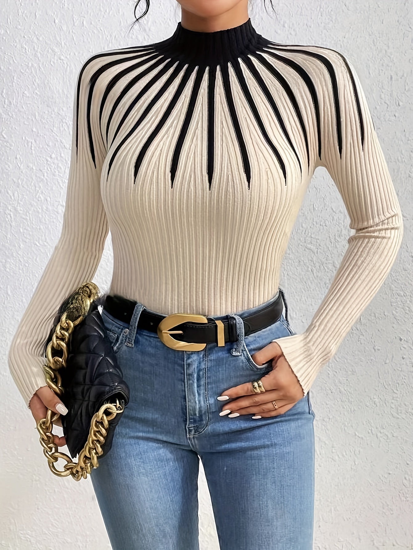 Women's Elegant High Neck Long Sleeve Sweater - Purple & Black Contrast Color-Block Design, Ribbed Texture, All-Season Versatile Pullover for Casual & Formal Wear, Casual Elegant Wear | Fashionable Pullover | Chic Details, La